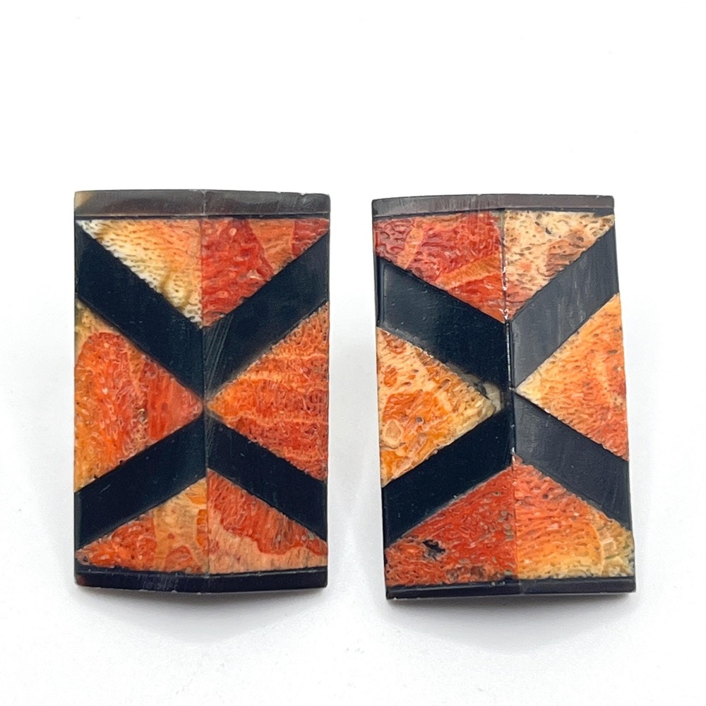 Vintage 80s Chunky Apple Coral Inlay Black and Orange Geometric Lucite Earrings